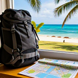 Caribbean Holidays, Trinidad December, A backpacker planning a Trinidad trip at a simple guesthouse, with a map, daypack and tropical island view