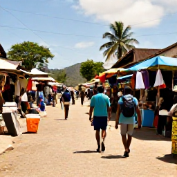 Caribbean Holidays, Trinidad December, Backpackers exploring a lively Trinidad street market in warm December sunshine, colourful stalls and local island life