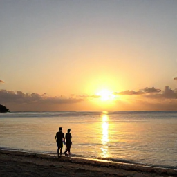 Caribbean Holidays, Trinidad December, Golden sunset over a calm beach in Tobago, couple walking beside the water, peaceful end to a Caribbean December holiday