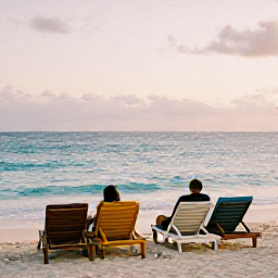 Caribbean Holidays, Trinidad December Holidays, A couple relaxing on a Caribbean beach in Trinidad and Tobago during December, with comfortable sun loungers, clear sea and a warm evening sky
