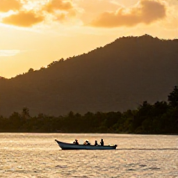 Caribbean Holidays, Trinidad December Holidays, A scenic Trinidad and Tobago coastline at sunset, with a small boat, lush hills, golden light and travellers enjoying a peaceful December excursion