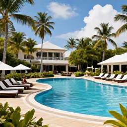 Caribbean Holidays, Trinidad December Holidays, A stylish all-inclusive Caribbean resort in Trinidad and Tobago, showing a swimming pool, sun loungers, tropical gardens and guests enjoying a peaceful December afternoon