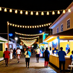 Caribbean Holidays, Trinidad December Holidays, Colourful Trinidad streets decorated for Christmas, with local food stalls, music, festive lights and friendly people enjoying the December atmosphere