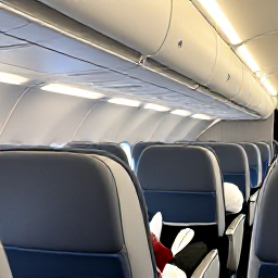 Caribbean Holidays, Trinidad December Holidays, Elegant business class aircraft cabin with spacious seats, soft lighting and a traveller relaxing on a long-haul flight to the Caribbean