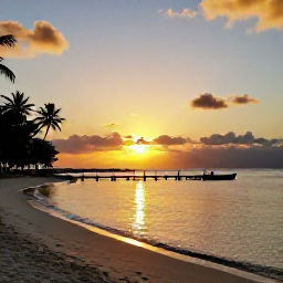 Caribbean Holidays, Trinidad December Holidays, Golden sunset over Pigeon Point in Tobago, with a calm beach, wooden jetty, palm trees and small boats on the water