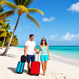 Caribbean Holidays, Trinidad December Holidays, Happy couple enjoying a Caribbean December holiday on a Tobago beach, with comfortable luggage, palm trees and bright blue sea