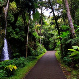 Caribbean Holidays, Trinidad December, Lush rainforest trail in Tobago with a small waterfall, tropical plants and peaceful walking path, natural Caribbean scenery