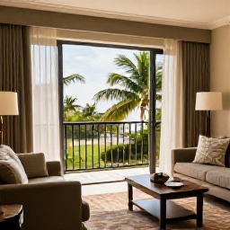 Caribbean Holidays, Trinidad December Luxury, Elegant luxury hotel suite in Trinidad and Tobago, tropical views from a private balcony, tasteful Caribbean furnishings and soft morning light