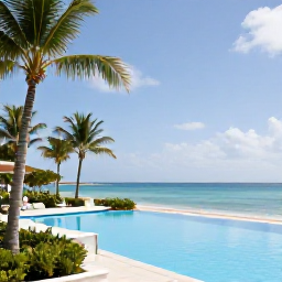 Caribbean Holidays, Trinidad December Luxury, Luxury beachfront resort in Trinidad and Tobago in December, bright tropical sunshine, palm trees, elegant pool and calm Caribbean sea