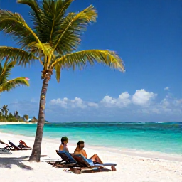 Caribbean Holidays, Trinidad December Luxury, Relaxed December beach scene in Tobago, white sand, turquoise water, palm trees, luxury sun loungers and a couple enjoying the shoreline