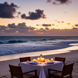 Caribbean Holidays, Trinidad December Luxury, Romantic luxury dinner at a Tobago beachfront resort at sunset in December, elegant table setting, candles and gentle waves