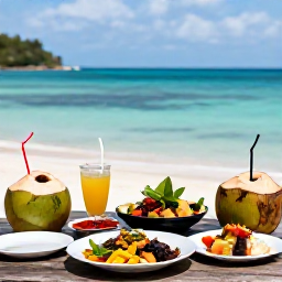 Caribbean Holidays, Trinidad December, Outdoor table with healthy Caribbean food, fresh fruit and coconut drink overlooking a tranquil sea in Trinidad and Tobago