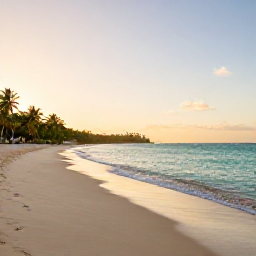 Caribbean Holidays, Trinidad December, Quiet tropical beach in Trinidad and Tobago at sunrise, calm turquoise sea, soft golden light, natural wellness holiday atmosphere