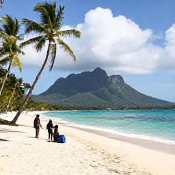 Caribbean Holidays, Trinidad December, Relaxed backpackers on Maracas Bay beach in Trinidad, palm trees, turquoise sea and the Northern Range in the background