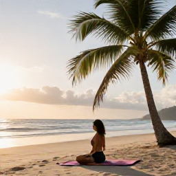 Caribbean Holidays, Trinidad December, Traveller enjoying a peaceful wellness morning beside a palm-fringed Caribbean beach in Tobago, yoga mat, gentle sunlight