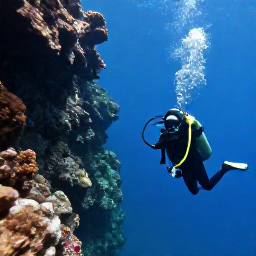 Caribbean Holidays, Trinidad Diving April, Scuba divers descending beside a rocky underwater wall in calm blue Caribbean water