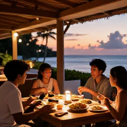 Caribbean Holidays, Trinidad Family Holidays, A family enjoying a relaxed evening meal at an open-air restaurant in Tobago, with local Caribbean dishes and a warm sunset atmosphere