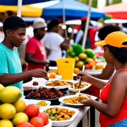 Caribbean Holidays, Trinidad Family Holidays, A family enjoying colourful Trinidadian food at an outdoor market, with fresh fruit, local snacks and friendly stalls
