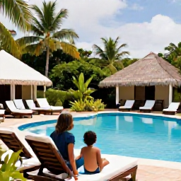 Caribbean Holidays, Trinidad Family Holidays, A family relaxing at a comfortable Caribbean hotel in Trinidad and Tobago, beside a swimming pool with tropical gardens
