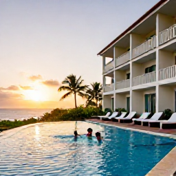 Caribbean Holidays, Trinidad Family Holidays, A family relaxing beside a hotel pool at sunset in Trinidad and Tobago