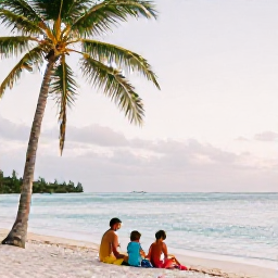 Caribbean Holidays, Trinidad Family Holidays, A family relaxing on a palm-fringed beach in Trinidad and Tobago during October, with calm turquoise water and soft afternoon light