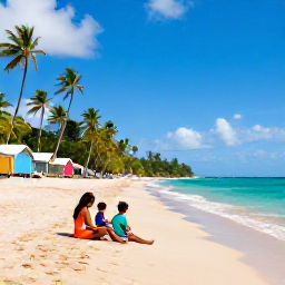 Caribbean Holidays, Trinidad Family Holidays, A family relaxing on the calm, golden sand at Pigeon Point beach in Tobago, with palm trees, turquoise water and colourful beach huts