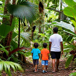 Caribbean Holidays, Trinidad Family Holidays, A family walking through lush tropical rainforest in Tobago with a guide, looking at birds and exotic plants