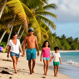 Caribbean Holidays, Trinidad Family Holidays, A happy family walking along a palm-fringed beach in Trinidad and Tobago in warm November sunshine