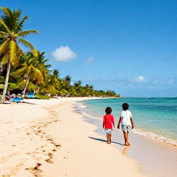 Caribbean Holidays, Trinidad Family Holidays, A relaxed family enjoying a sunny beach in Trinidad and Tobago in May, with calm turquoise water, palm trees and soft golden sand