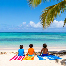 Caribbean Holidays, Trinidad Family Holidays, A relaxed family enjoying a sunny Caribbean beach in Trinidad, with calm turquoise water, palm trees and colourful beach towels