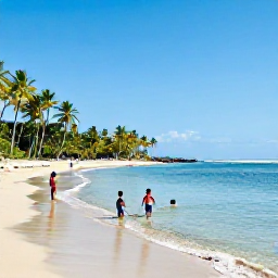 Caribbean Holidays, Trinidad Family Holidays, A relaxed family scene on a sunny Trinidad beach in September, with children paddling in calm shallow water and palm trees along the shore