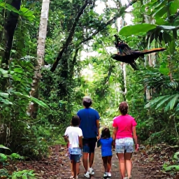 Caribbean Holidays, Trinidad Family Holidays, Children and parents exploring the rainforest on a guided walk in Tobago, surrounded by lush green trees and tropical wildlife