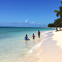 Caribbean Holidays, Trinidad Family Holidays, Children paddling in shallow clear sea beside a sandy Caribbean beach in Trinidad, with parents relaxing nearby