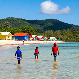 Caribbean Holidays, Trinidad Family Holidays, Children paddling in shallow clear water on a Caribbean beach in Tobago, with colourful beach huts and green hills behind