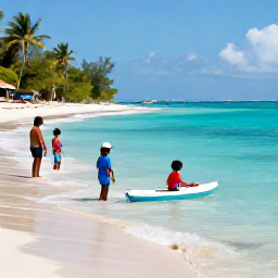 Caribbean Holidays, Trinidad Family Holidays, Children paddling in shallow turquoise sea on a Tobago beach while parents relax nearby, bright Caribbean sunshine and safe family setting