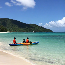 Caribbean Holidays, Trinidad Family Holidays, Families paddling in shallow clear water beside a quiet Tobago beach, with green hills and fishing boats in the background