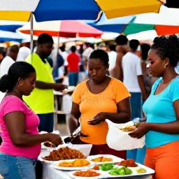Caribbean Holidays, Trinidad Family Holidays, Families sharing colourful Trinidadian food at a lively but relaxed outdoor market