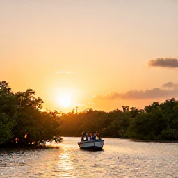 Caribbean Holidays, Trinidad Family Holidays, Family boat trip through the Caroni Swamp in Trinidad at sunset, with mangroves and scarlet ibis birds