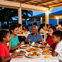 Caribbean Holidays, Trinidad Family Holidays, Family eating colourful Caribbean food at an outdoor restaurant in Trinidad and Tobago during a warm evening