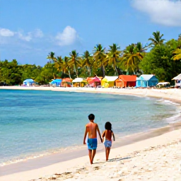 Caribbean Holidays, Trinidad Family Holidays, Family enjoying a sunny beach day at Pigeon Point in Tobago, with calm turquoise water, palm trees and colourful beach huts