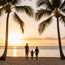 Caribbean Holidays, Trinidad Family Holidays, Family enjoying a sunset beside the sea in Tobago, with palm trees, warm golden light and a peaceful Caribbean holiday atmosphere