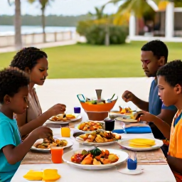 Caribbean Holidays, Trinidad Family Holidays, Family enjoying an outdoor Caribbean dinner in Trinidad and Tobago with colourful local food and welcoming atmosphere
