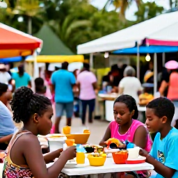 Caribbean Holidays, Trinidad Family Holidays, Family enjoying colourful Caribbean food at a relaxed outdoor market in Trinidad, tropical setting and friendly local atmosphere