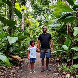Caribbean Holidays, Trinidad Family Holidays, Family exploring a tropical rainforest trail in Trinidad, with a friendly local guide, lush greenery and glimpses of colourful birds