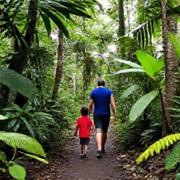 Caribbean Holidays, Trinidad Family Holidays, Family exploring lush rainforest in Trinidad, walking along a safe nature trail near a waterfall with tropical plants and birds