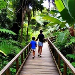 Caribbean Holidays, Trinidad Family Holidays, Family exploring lush rainforest near a waterfall in Trinidad, tropical plants, wooden trail and adventurous but accessible scenery