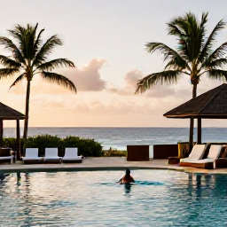 Caribbean Holidays, Trinidad Family Holidays, Family relaxing beside a hotel pool in Tobago at sunset, with palm trees, comfortable loungers and a calm Caribbean setting