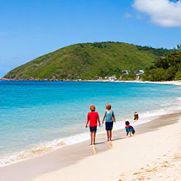 Caribbean Holidays, Trinidad Family Holidays, Family relaxing on a Tobago beach with clear blue water, soft sand and green hills in the background