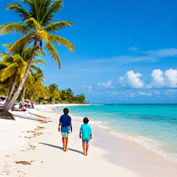 Caribbean Holidays, Trinidad Family Holidays, Family walking along a sunny Caribbean beach in Trinidad and Tobago, clear water, palm trees and relaxed holiday atmosphere