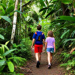 Caribbean Holidays, Trinidad Family Holidays, Family walking through tropical rainforest in Trinidad, viewing colourful birds and waterfalls on an easy nature trail